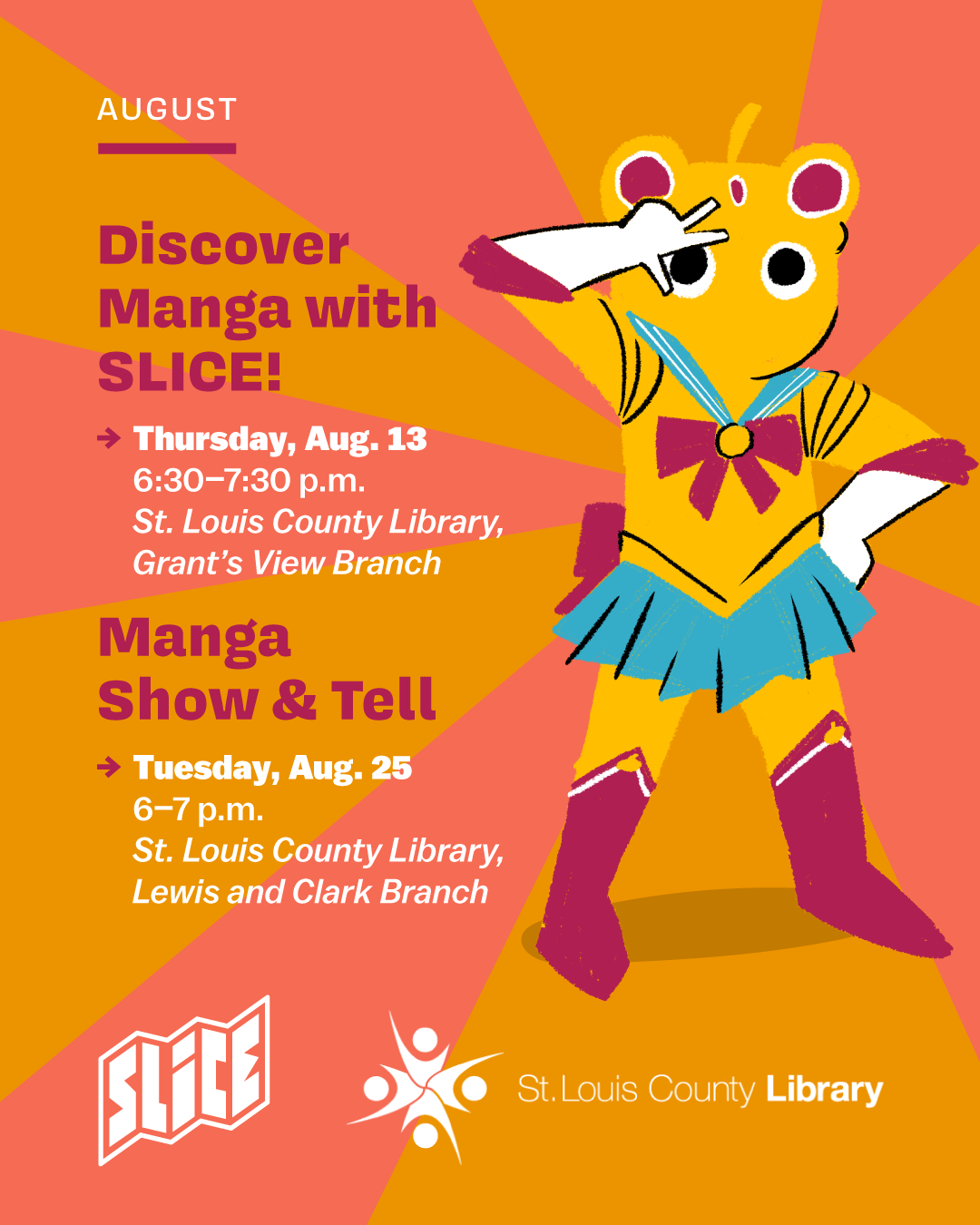 Manga-August Sailor Slice advertises two Manga events at the St. Louis County Library