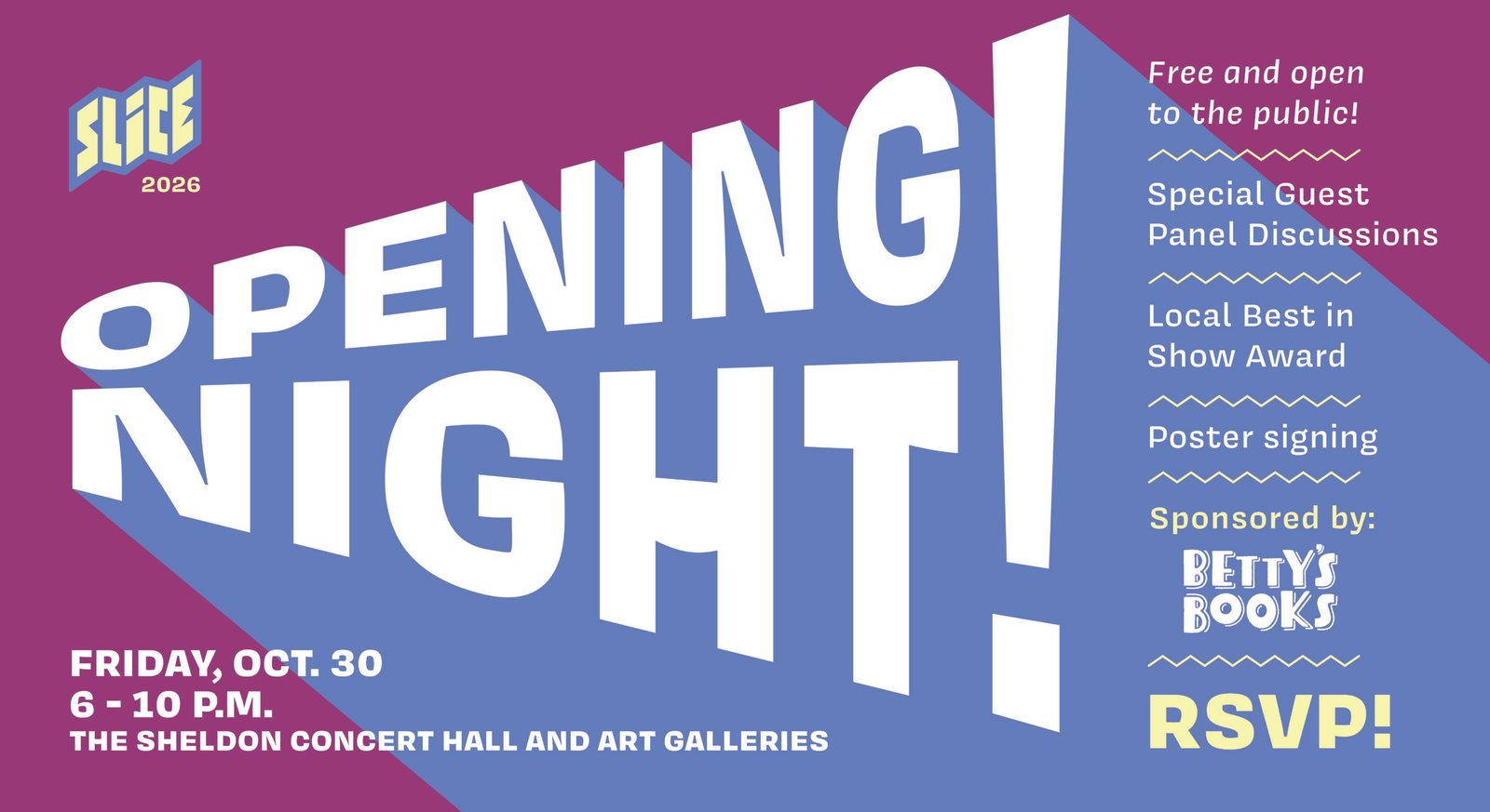Purple graphic with block text reading "Opening Night!"